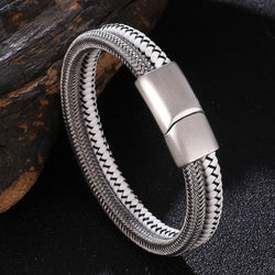 Zilver gevlochten armband-staal en wit leer